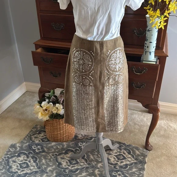 Tory Burch Tan Silver Sequin Pencil Skirt Size 10 - Picture 7 of 13